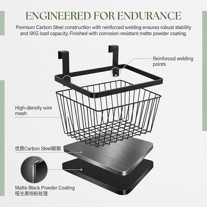 LeleCAT Grid Storage Baskets with Hooks, Over Cabinet Door Organizer, Wire Basket Hanging Storage Organizer, Kitchen Bathroom Organizer (Black, Large)