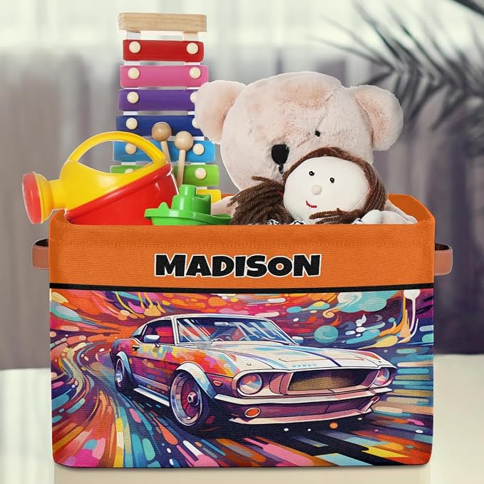 Custom Rectangle Storage Basket, Personalized Name Organizer Bins for Pet/Children Toys, Books, Clothes, Perfect for Rooms/Playroom, Watercolor Painted Car