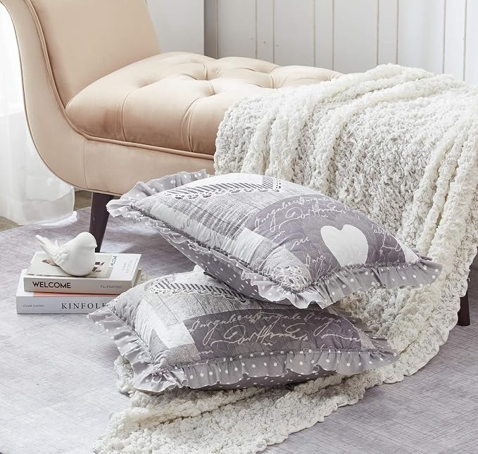 Brilliant Sunshine Grey Heartlove Ruffle Pillowshams Set, 18"x18" | Patchwork Design with Ruffles, Quilted Pillow Covers Set, Washable Throw Cushion Cases for Couchs and Beds, Pack of 2