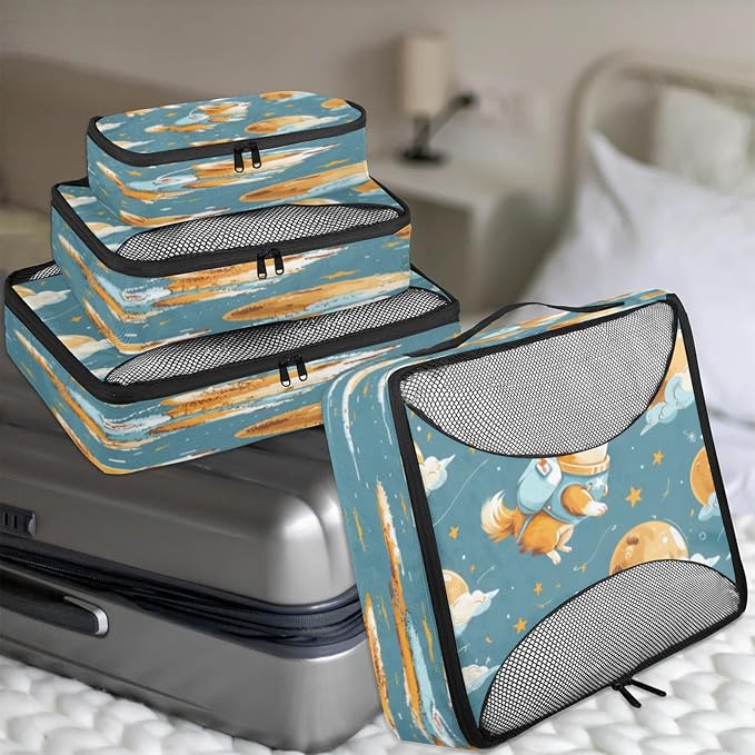 Packing Cubes for Travel, Universe Space Travel Luggage Packing Organizers for Women Men, Large Custom Toiletries Bag for Cosmetics Toiletries, Corgi Dogs