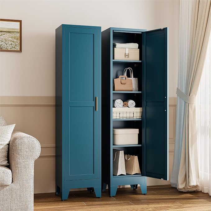 YAUWOH White Narrow Metal Storage Cabinet, Tall Freestanding Cabinet with 4 Adjustable Shelves & Barn Doors, Pantry Organizer for Bathroom Kitchen Home Office Dining Room（1PC,Blue