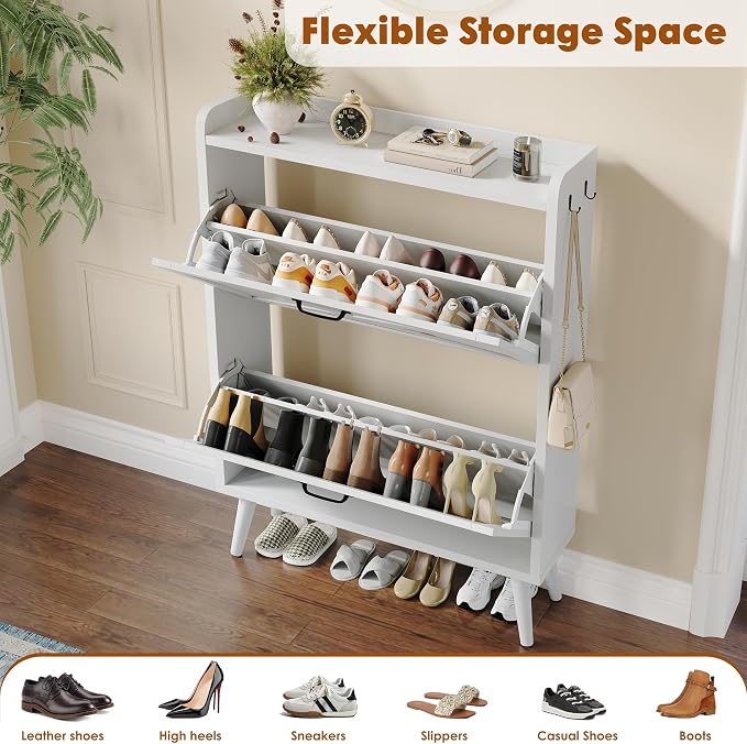 Shoe Cabinet Storage for Entryway with 2 Flip Drawers,Barn Door | Narrow Shoe Rack Cabinet with Adjustable Shelves & Hidden Storage for Foyer, Hallway, Living Room, 2 Hooks,White