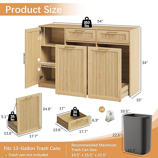 2 X 13 Gallons Double Pull Out Trash Can Cabinet with Storage, Oak | 54"W Fluted Kitchen Trash Cabinet with Adjustable Shelf & Drawers, Hidden Pet Proof Trash Can Holder for Laundry Living Room
