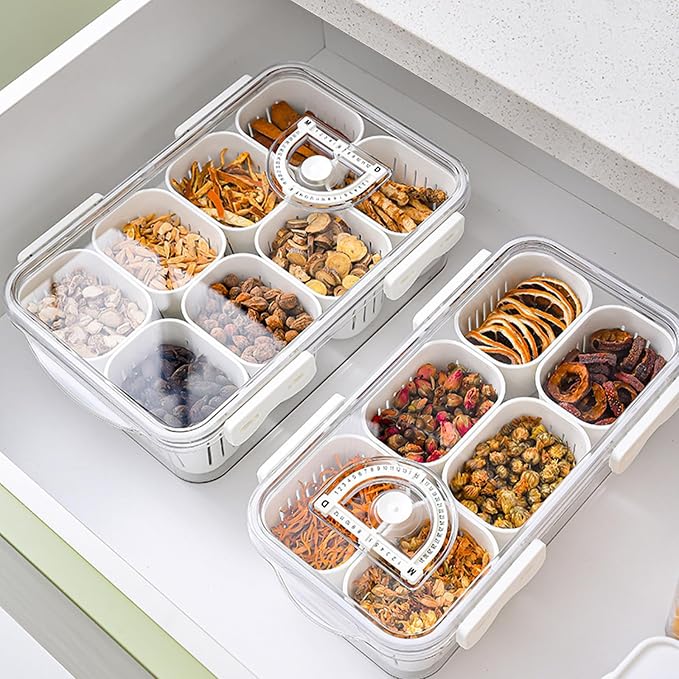 Veggie Tray Divided Serving Tray with Lid, Salad Bar Container for Fridge | Portable Snack Box Container,Food Storage Organizer with 8 Strainers for Fruit,Vegetable, Berry Saver for Refrigerator Picnic