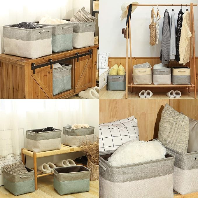Sea Team Large Rectangle Canvas Open-Top Storage Baskets, 3-Pack | Collapsible Fabric Storage Bins with Handles, Closet Shelf Organizers, 15 x 10 x 10 Inches, Ash Gray & Gray
