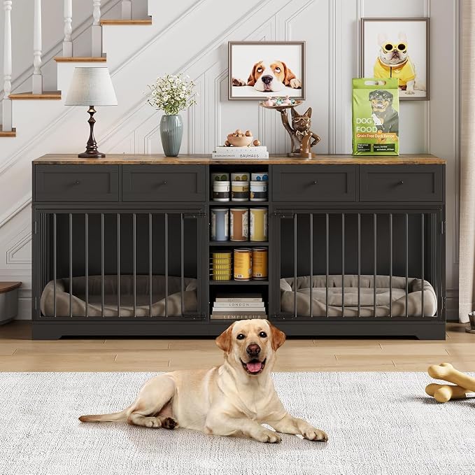 82" Large Double Dog Crate Furniture for 2 Dogs - Indoor Heavy Duty Wooden Kennel with 4 Storage Drawers, 4 Shelves, TV Stand Divider, Pet Bed Sofa for Large Breeds, Classic+Black