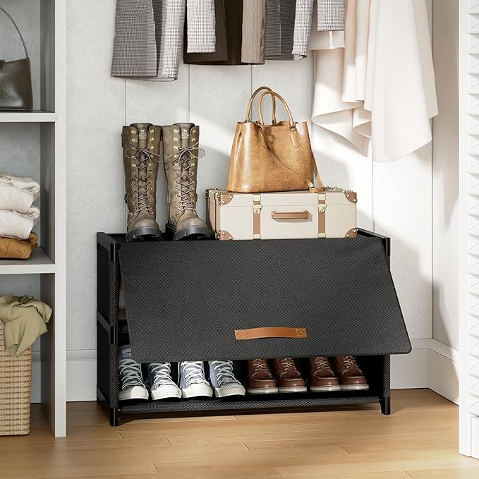 3 Tier Shoe Cabinet with Door, 12-Pair Storage, Black | Compact for Small Closets, Holds Heels, Sneakers, Boots, Door for Dust Pet Protection, Quick Easy Set Up