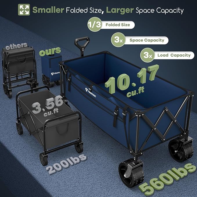 48'' Extra Large Collapsible Wagon with Big Wheels, 300L Blue | 560LBS Heavy Duty, Wagons Carts Foldable, All-Terrain, Brakes, Folding Cart, Utility for Beach/Camping/Garden/Sports/Grocery