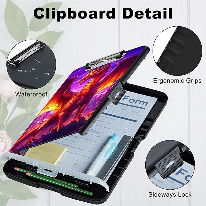 A4 Clipboard with Storage Pen Holder, Clipboards Organizer Nursing Clipboard Foldable File Folder Plastic Clipboard Folio Clip Board for Office Work Classroom Doctor, Purple Red Dragon