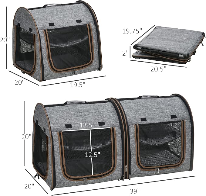 PawHut 39" Portable Soft-Sided Cat Carrier, Two Compartments, Light Gray | Cat Kennel, Travel Dog Crate with Divider, Soft Cushions & Storage Bag, Easy to Fold