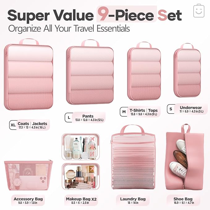 Veken 9/11 Set Compression Packing Cubes Garment Bags for Travel Essentials,Compressible Expandable Luggage Organizer Bags for Clothing,Space Saver Bags with Over 1000 pcs of Mesh Holes(Pink)