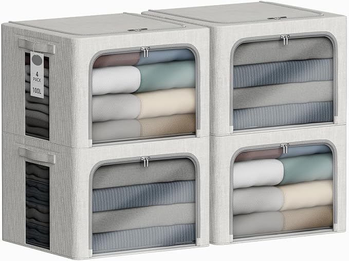 4 Pack Clothes Storage Bins with Metal Frame - 100L Stackable Storage Box with Lid，Foldable Storage Container Organizer for Clothes，Linen Fabric Storage Box with Clear Window＆Zippers＆Handles