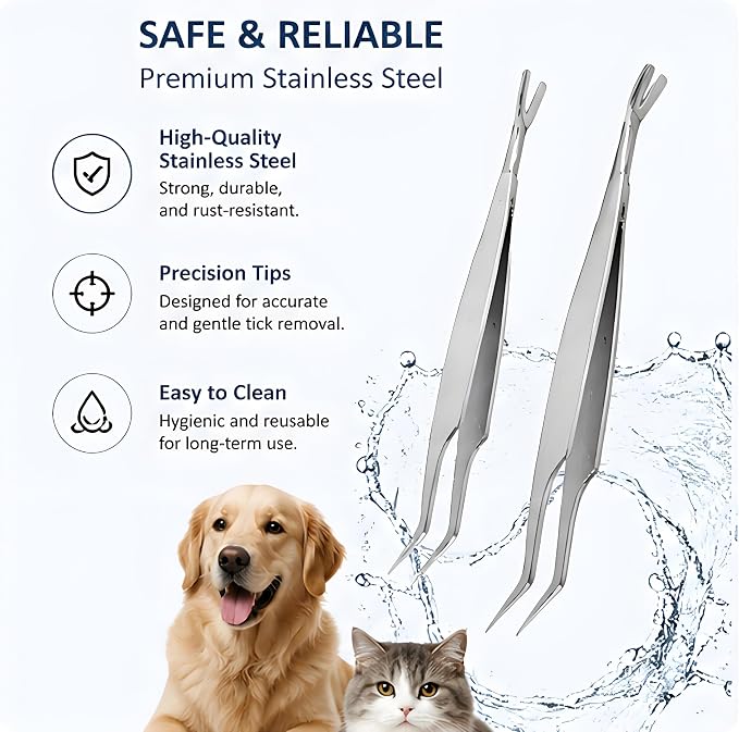 Silver 2-in-1 Pet Grooming Tweezers, Stainless Steel Dual Tip Tool | stainless steel pet grooming tweezers dual tip hand tool tick tweezer pet care travel kit 2pcs