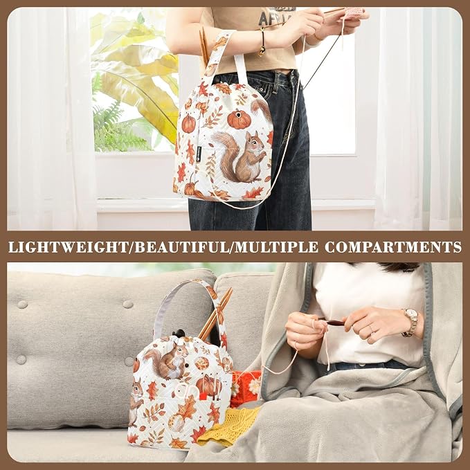 Fustylead Cute Squirrel Maple Pumpkin and Mushroom Yarn Knitting Crochet Drawstring Bag with Customized Front Compartment, Portable Large Storage Basket for Crocheting Project, Kit, Yarn Ball, Needle