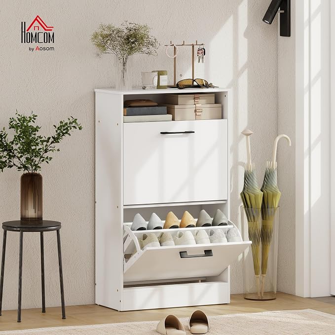 HOMCOM Shoe Cabinet with 2 Flip Drawers, Open Shelf, up to 12 Pairs, White | Narrow Storage Cabinet, Adjustable Dividers, Entryway Shoe Storage Unit, for Hallway