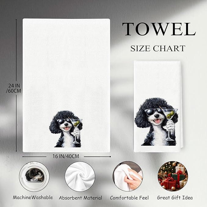 Funny Poodle Kitchen Towels - Funny Martini Lovers Gifts, Home Bar Decor, Black Poodle Dog Cocktail Hand Towels Dish Towels for Kitchen Home Bar, 16x24 Inch