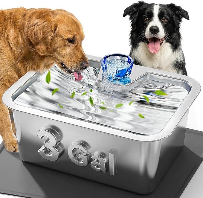Dog Water Fountain with Silicone Mat - 3 Gallon Stainless Steel Pet Water Fountain with 6 Filters, Quiet Automatic Bowl Dispenser Drinking Waterer for Large Dogs & Multi-pet, Easy to Clean, Indoor Use