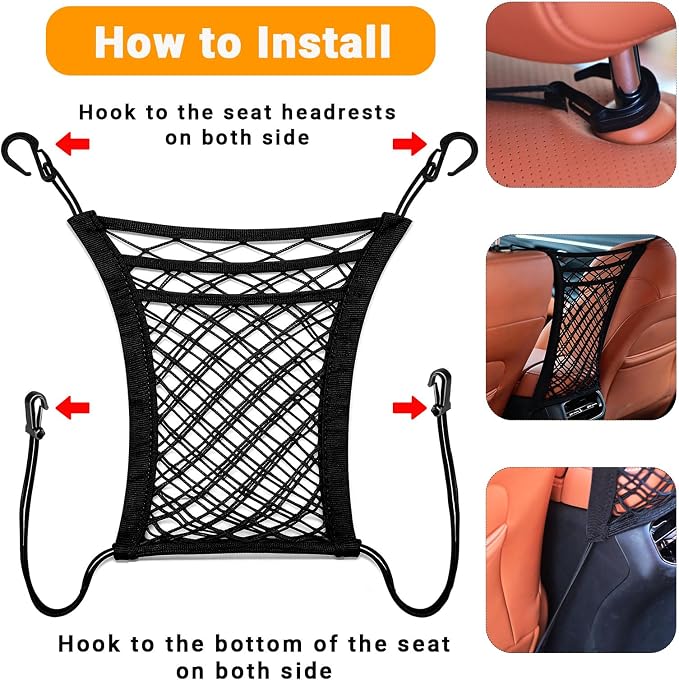 3-Layer Car Mesh Organizer - Backseat Storage & Pet Barrier for Small Dogs | 11"x8.3" net fits headrests or between seats. Holds bottles, umbrellas, tissues, toys. Keeps small dogs (<22lb) from front.
