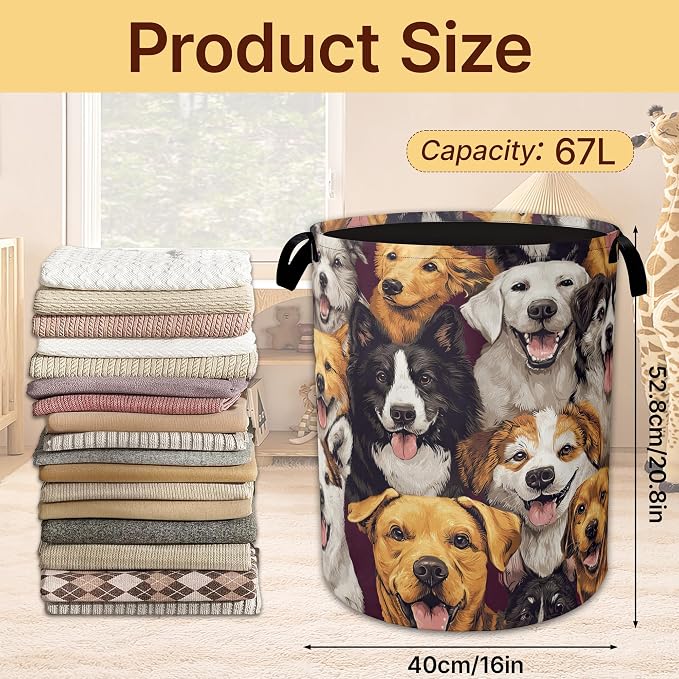 Cute Dog Collapsible Laundry Basket,Pet Faces Waterproof Oxford Cloth Hamper with Handles,Portable Storage Organizer for Laundry Room Bedroom