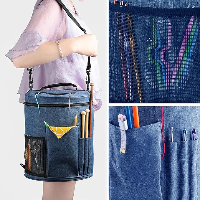 Weabetfu Large Capacity Portable Yarn Organizer Knitting Tote Storage Bag with Shoulder Strap Yarn Bags Have Pocket for Crochet Hooks,Knitting Needles & Accessories,Prevent Yarn Tangle(Blue)