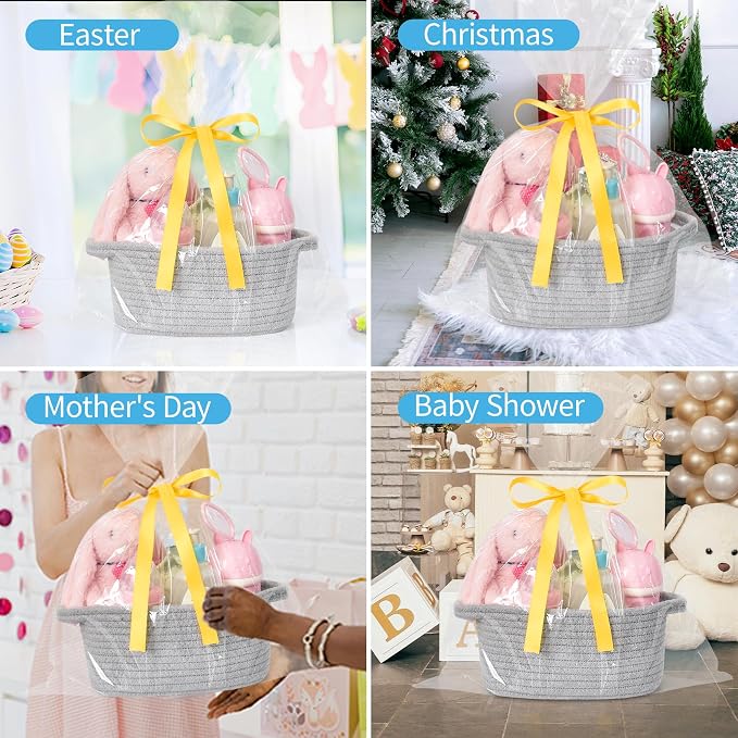ABenkle Small Storage Basket, Mini Basket, Cute Tiny Cotton Rope Woven Basket, Boho Decorative Toy Dog Cat Basket for Nursery, Spa, Empty Gift Basket with Gift Bags and Ribbon - Grey