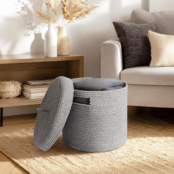 Storage Basket with Lid, Woven Blanket Storage for Living Room, Soft Cotton Rope Bin with Lid, Round Wicker Laundry Basket with Cover, Lidded Kid Dog Toy Box, Nursery Organizer, 15"x13", Gray