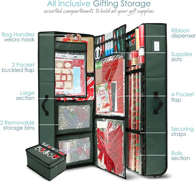 Hearth & Harbor Holiday Storage with Extra 2 PC of Christmas Storage Bins and Ribbon Storage Organizer - Fade Resistant Wrapping Paper Storage Containers with Wheels Fits Up to 30 Rolls of 40" Length