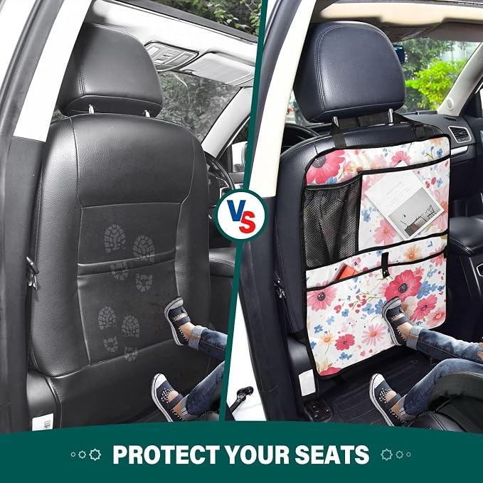 JIPONI Car Backseat Organizer, Color Red Flower Automotive Back Seat Protector, Kick Mats with Storage Pockets for Kids Pets, Road Trip Accessories