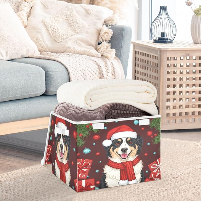 Winter Christmas Pet Storage Bins with Lids Closet Bedroom 40L Fabric Bin | Decorative Storage Boxes, Foldable & Stackable, Dust-Proof Flip Top, Reinforced Handles, For Home & Dorm, Clothes & Toy Box