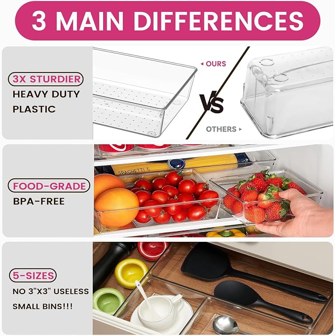 Large Drawer Organizer Bins 26 Pack | Complete 5 Size Clear Plastic Kitchen Drawer Organizers for Utensils | Bathroom Drawer Organizer Trays | Versatile for Makeup Office Organization