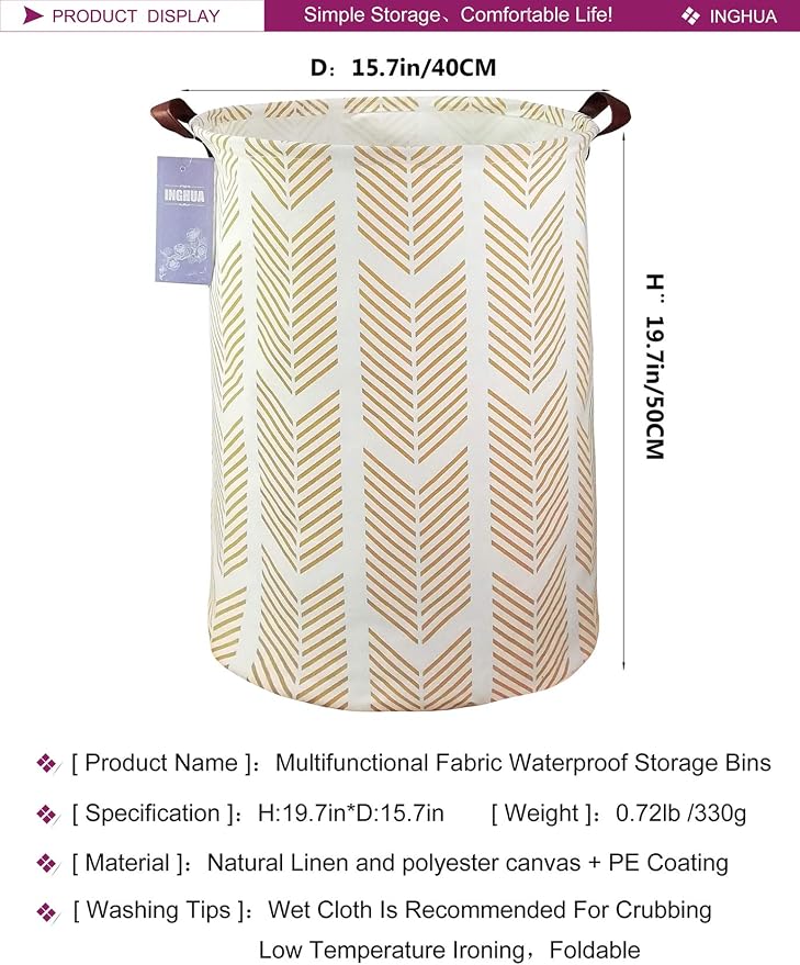 Wheat Laundry Hamper Large Canvas Fabric Storage Basket | Organizer Bin Dirty Clothes Collapsible Waterproof for College Dorms, Boys and Girls Bedroom,Bathroom