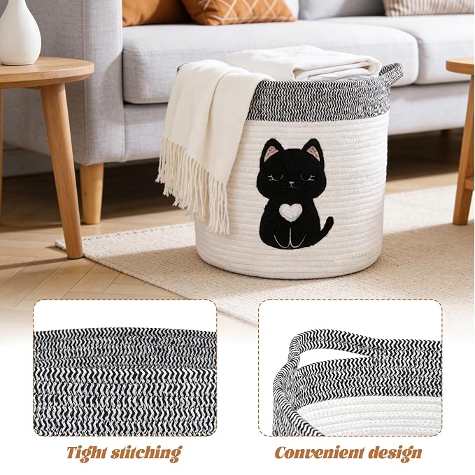 Black Cat Storage Basket - Woven Cotton Rope Basket with Soft Felt Patch, Foldable Organizer for Nursery, Pet Toys & Laundry, Gift & Home Decor (11.8 Inch, Washable)