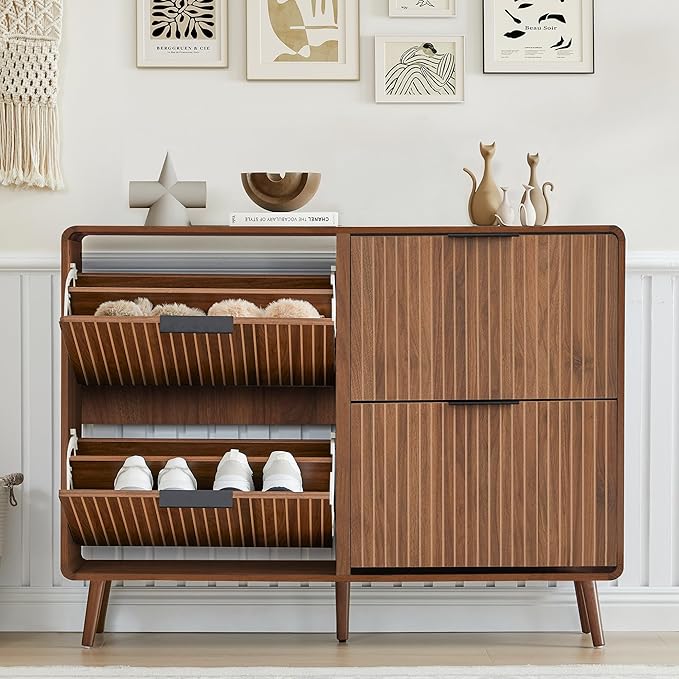 FurSch 47" Fluted Large Shoe Cabinet with 4 Flip Drawers | Slim Freestanding Organizer, Narrow Storage Rack for Entryway, 5 Sturdy Legs
