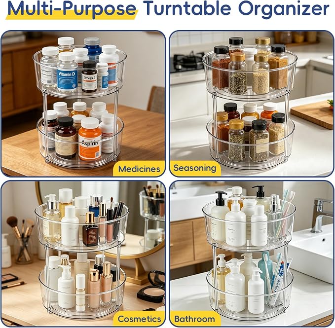 2 Tier Medicine Bottle Organizer, Lazy Susan Organizer for Prescription and Vitamin Bottles, Medicine Cabinet Organizer for Countertop and Bathroom, Transparent Organizer for Empty Pill Bottles