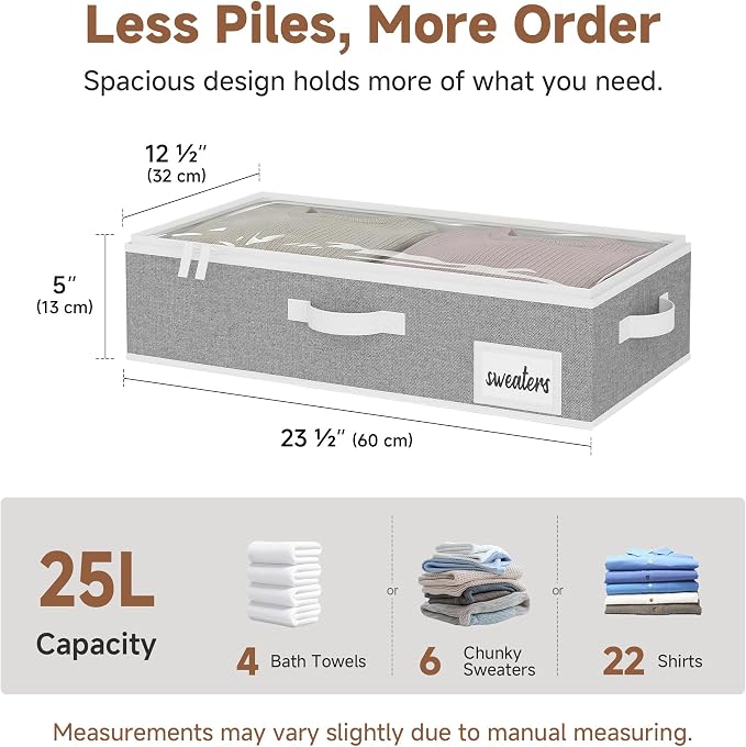 StorageWorks 5 Inch Low Profile Under Bed Storage Containers with Clear Lid | Reinforced Structure, Resists Sagging, Handles & Label Holder, Foldable Stackable Closet Storage for Clothes, Blankets, Toys