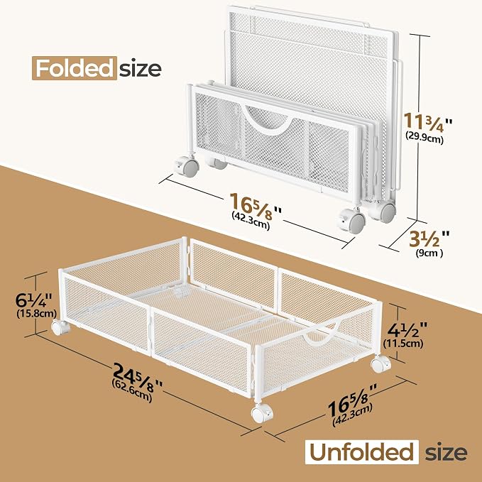 Yecaye Under Bed Storage with Wheels, 2 Pack Under Bed Shoe Storage, White | Sturdy All-Metal Frame, Foldable, 360° Rolling Wheels, Tool-free Assembly, Underbed Storage Drawers for Shoes, Toys, Clothes