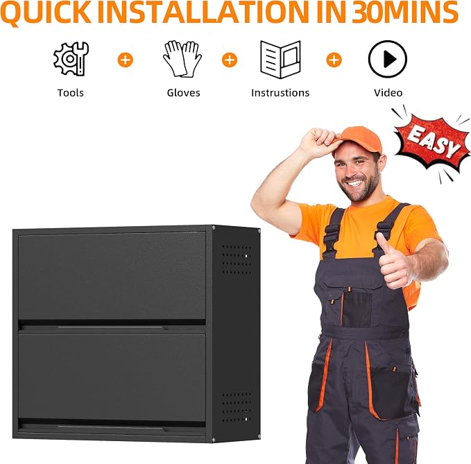 Garage Wall Cabinet, 25.6" H Metal Wall Cabinet with 2 Up-Flip Door | Wall Mounted Metal Storage Cabinet, Upper Cabinet for Kitchen,Garage,Workshop,Warehouse, Assembly Required, Black