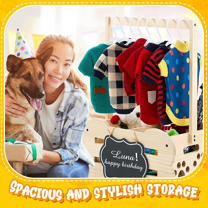 Wooden Dog Wardrobe Closet 20"x15"x9" Pet Goose Outfit Toy Storage Basket Crate with Hanging Rod Bone Shape Organizer Closet for Dog Toy Clothes Accessories with 8 Hanger 10 Clip 1 Small Blackboard