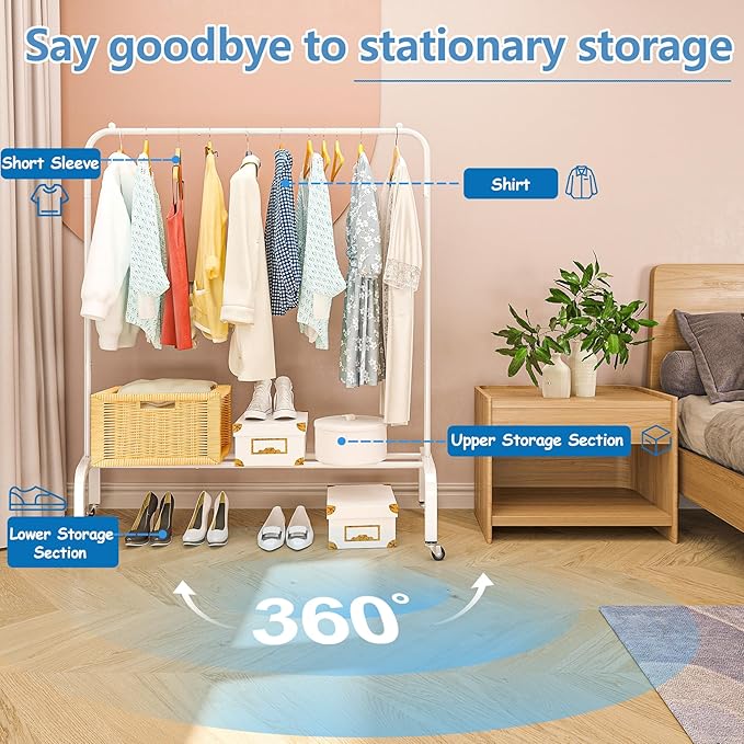 Metal Clothing Rack with Wheels, 43.3 Inches Rolling Clothes Garment Coat Rack with Bottom Shelf, Clothing Rack for Hanging Clothes, Coats, Skirts, Shirts, Sweaters, White