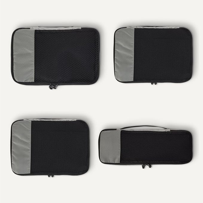 Amazon Essentials 4-Piece Packing Cubes Travel Accessories Set, Space-Saving Luggage Organizer with Double Zipper, Mesh Top Panel, Small/Medium/Large/Slim, Gray (Previously Amazon Basics)