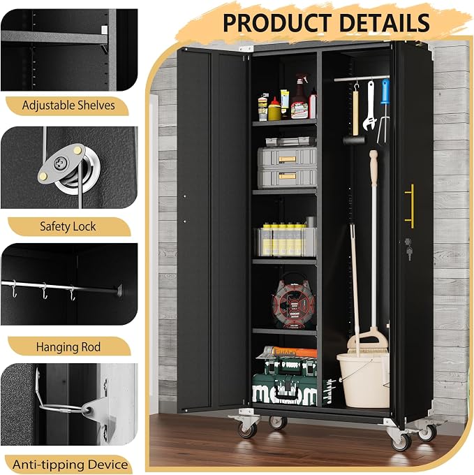pozdeg 71" Black Rolling Lockable Metal Broom Closet Storage Cabinet