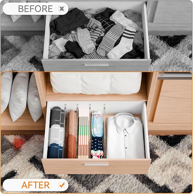 12 Pack Clear Acrylic Drawer Divider 6 Inch High,Expandable from 14-20'',Adjustable Dresser Drawer Dividers for Baby Clothing,Underwear and Sock,Separators,Deep Drawer Separators for Kitchen