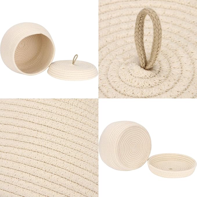 Sea Team Round Woven Cotton Rope Storage Basket with Lid, Cream | Lidded Knitted Decorative Storage Bin, Pot, Caddy, Organizer, Container for Snacks, Towels, Plants, 10 x 7.5 Inches