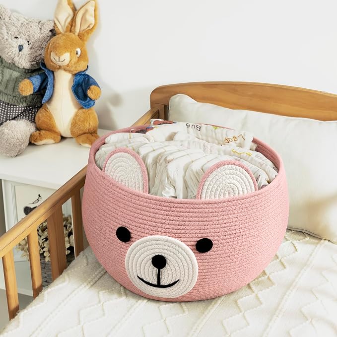 CherryNow Large Baby Basket for Gifts Empty, Cute Bear Design, Brght Pink | 15.7" x 10.5" Baby Shower Basket for Kids Boys Newborn Storage, Woven Rope Toy Basket, Fits Living Room Nursery Décor