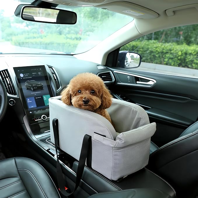 Center Console Dog Car Seat for Pets Up to 9 lb, Grey | Water-resistant faux leather; 16.41 x 7.87 x 8.66 in; pets up to 11 in long. Measure your console before purchase.