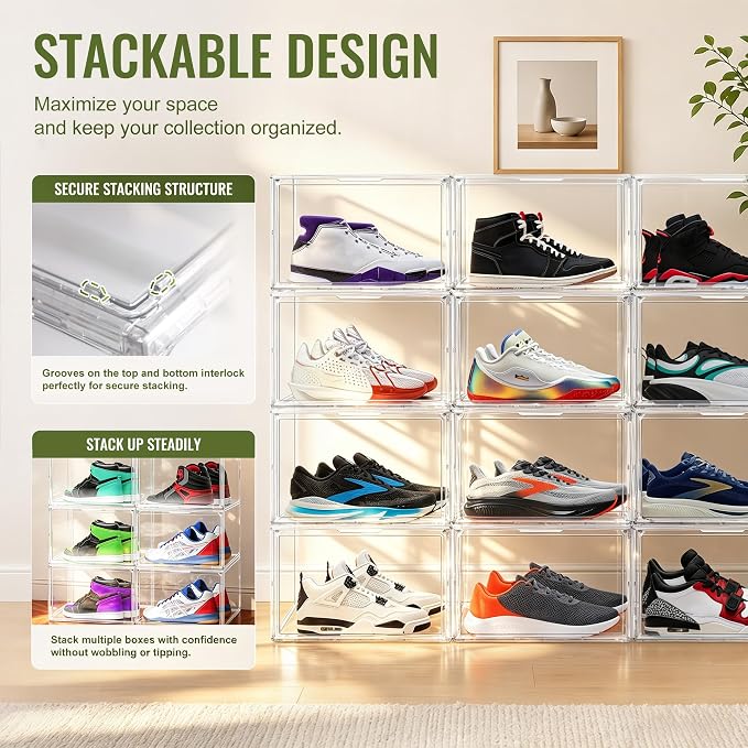 12 Pack Clear Acrylic Shoe Box, Stackable Organizer for Everyday Footwear | Fits size 14 sneakers,casual shoes and athletic footwear.Clear acrylic design with magnetic door & dustproof storage. 12 Pack