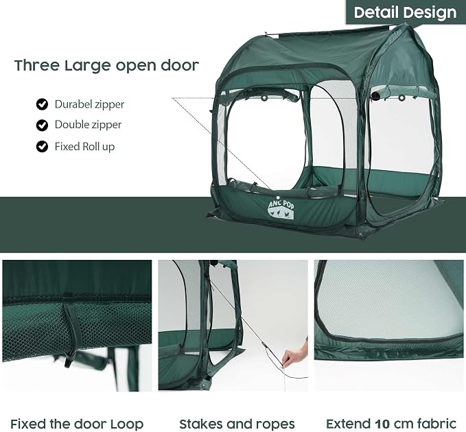 ANC POP Portable Chicken Run, Pop Up Chicken Tent for Small Animals Outdoor Gardening Net with 3 Doors and Handbag, Easy to Install and Storage, Green (40 x 40 x 45)