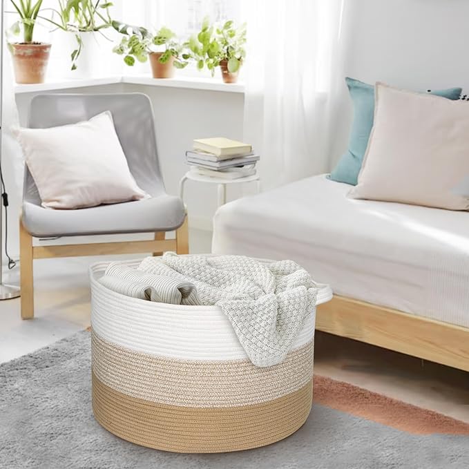 MEGASKET Extra Large Storage Basket, 22” X 22” X 14” Blanket Basket Living Room, Kids Toy Box Organizer, Woven Cotton Rope Baskets for Storage, Soft Dog Toy Bin, Wicker Pillow Blanket Holder