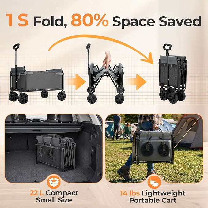 Portable Collapsible Wagon Cart, Foldable Cart with Removable Side, Utility Groceries Wagon for Dogs Cats Camping Beach Shopping Sports Gardeing Fishing, Gray