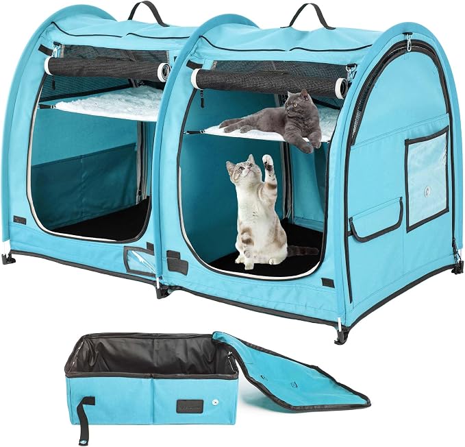 Mispace Portable Twin Compartment Show House Cat Cage/Condo - Easy to Fold & Carry Kennel - Comfy Puppy Home & Dog Travel Crate with Portable Carry Bag/Two Hammocks/Mats and Collapsible Litter Box